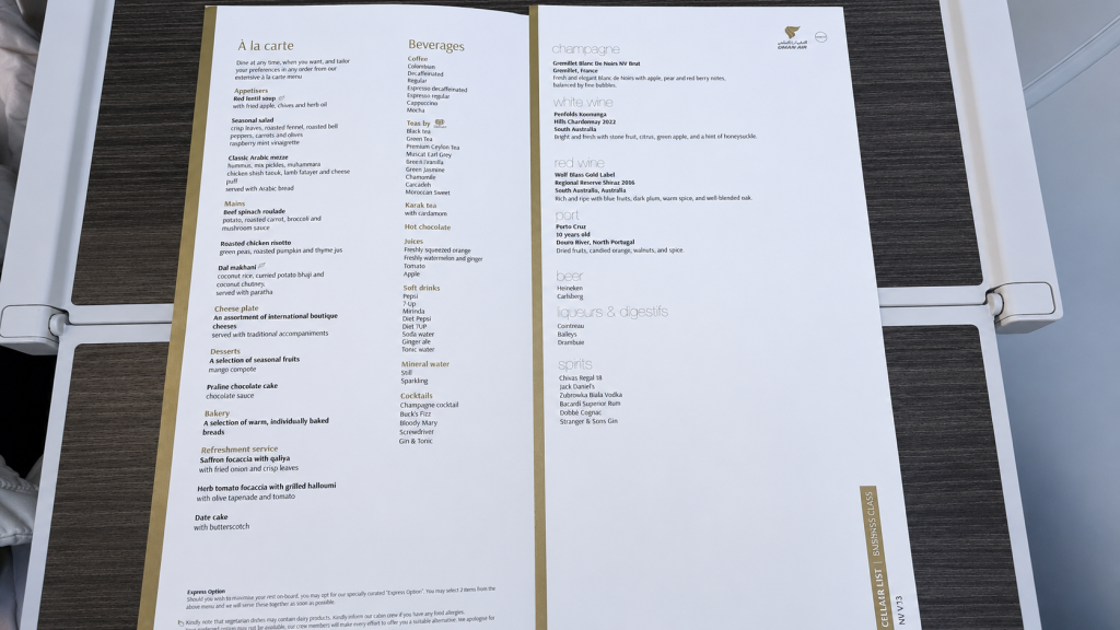 Oman Air Business Class B737 Food and Beverage Menu