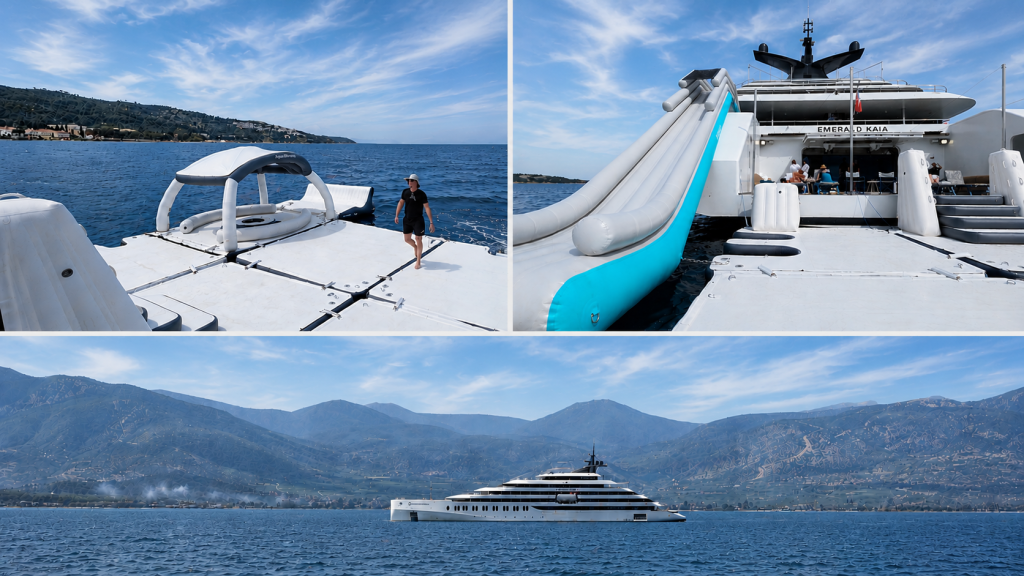 Marina and the inflatable slide off the back of the Emerald Kaia Superyacht