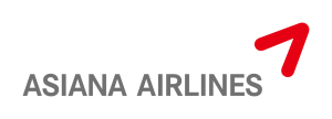 Asiana Airlines logo: gray wordmark on a black background with a red curved symbol in the top-right corner.