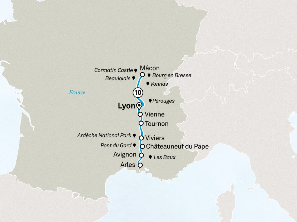 Map showing a blue north-south route through central-southern France with towns like Avignon, Lyon, Vienne, Mâcon and places such as Pont du Gard and Châteauneuf-du-Pape along the line