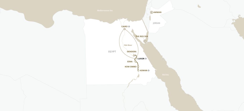 Map of Egypt showing a Nile River travel route from Cairo south to Aswan, highlighting Luxor, Esna, Kom Ombo and Dendera with surrounding seas and Amman labeled nearby.