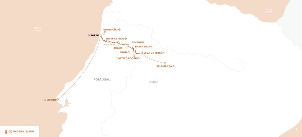 Map of Portugal and surrounding area showing a Douro River rail route from Lisbon to Salamanca with stops at Porto, Entre-os-Rios, Pinhão, Régua, Castedo Rodrigo, Barca d’Alva, Vega de Terrón, and Salamanca; Madeira Island inset.
