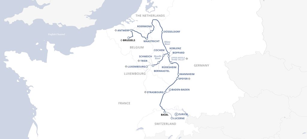 Rail route map across central Europe from Basel to Düsseldorf with stops including Lucerne, Zurich, Mannheim, Speyer, Bernkastel, Koblenz, and Rhein valley towns like Düsseldorf, Maastricht, Antwerp and Brussels nearby.