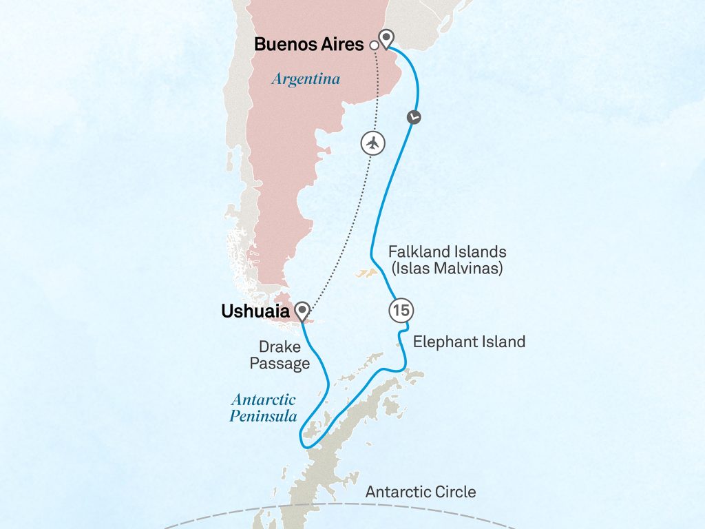 Map excerpt showing a travel route from Buenos Aires to the Antarctic Peninsula via the Falkland Islands, with a plane icon along a dotted line and a blue looping route.