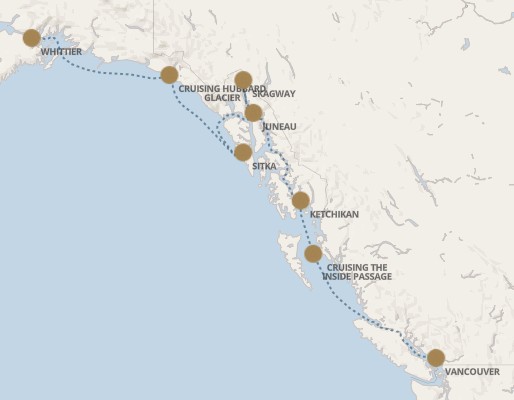 Map showing an Alaska Inside Passage cruise route from Vancouver to Whittier with stops at Vancouver, Ketchikan, Sitka, Juneau, Hubbard Glacier, Skagway, and Whittier along a dotted line indicating the voyage