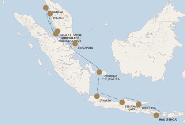 Map of a Southeast Asia cruise route with dotted lines connecting Penang, Kuala Lumpur/Malacca Strait, Singapore, the Java Sea, Jakarta, Semarang, Surabaya, and Bali (Benoa).