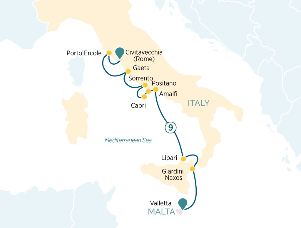 Map of a Mediterranean coastal route from Porto Ercole to Valletta, Malta, with stops including Civitavecchia, Gaeta, Sorrento, Positano, Amalfi, and Capri.