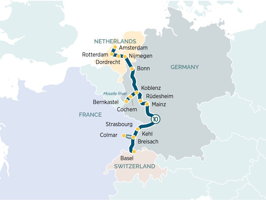 Map of a multi-city route through the Netherlands, Germany and France with orange stop markers.