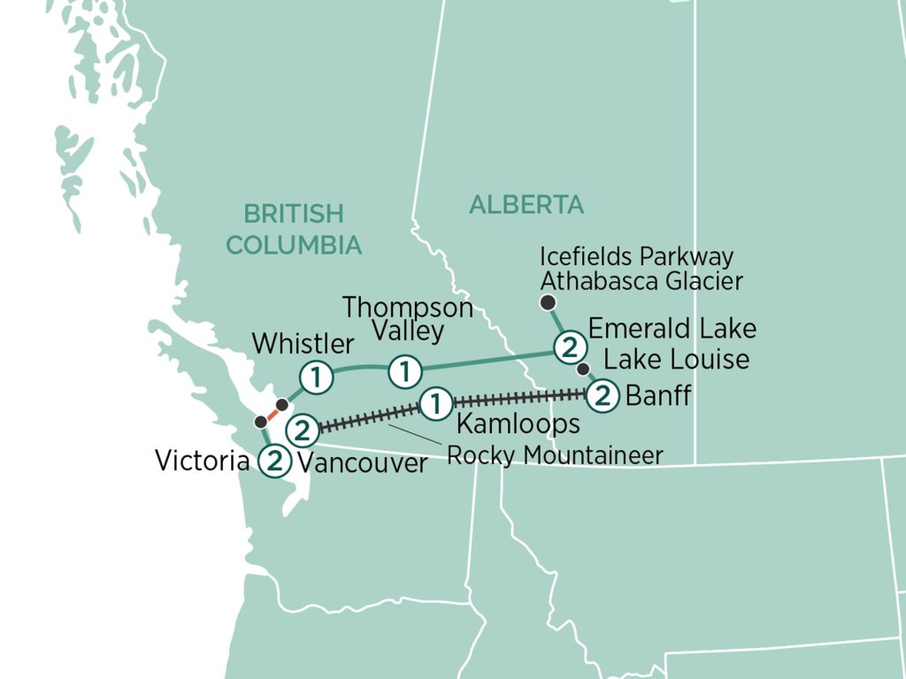 Map excerpt of western Canada showing British Columbia and Alberta with a travel route and labeled towns such as Vancouver, Kamloops, and Banff.