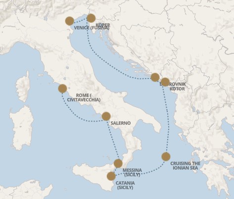 Map of a Mediterranean cruise route with brown stop pins at Venice (Fusina), Koper, Dubrovnik, Kotor, Messina, Catania, Salerno, and Rome (Civitavecchia); dotted lines show the sailing itinerary across the Ionian and surrounding seas.