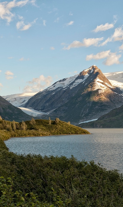 Snowy mountain peak over a calm lake with a green shrub shoreline in the foreground, under a blue sky.