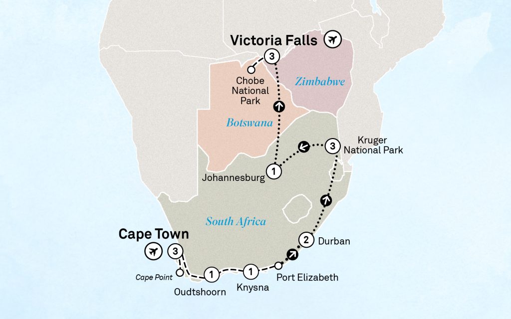 Map of southern Africa showing a dotted coastal travel route from Cape Town to Durban, with stops at Knysna, Port Elizabeth, Oudtshoorn, and Cape Point and Cape Town labeled near the bottom left of the image.