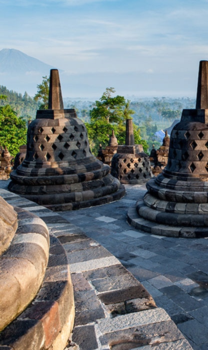 Stone stupas on the Borobudur temple terraces, with a distant forest and a hazy mountain on the horizon.
