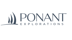 Ponant Explorations logo with a blue stylized sailboat icon beside the wordmark in navy blue.