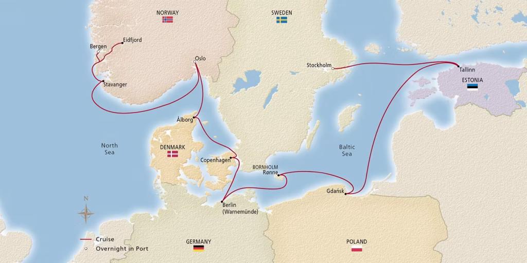Map of a Baltic/North Sea cruise route showing ports Tallinn, Stockholm, Gdańsk, Copenhagen, Aalborg, Oslo, Stavanger, Eidfjord, Bergen, and Berlin/Warnemünde with a red cruise line and overnight-in-port markers, indicating the itinerary.