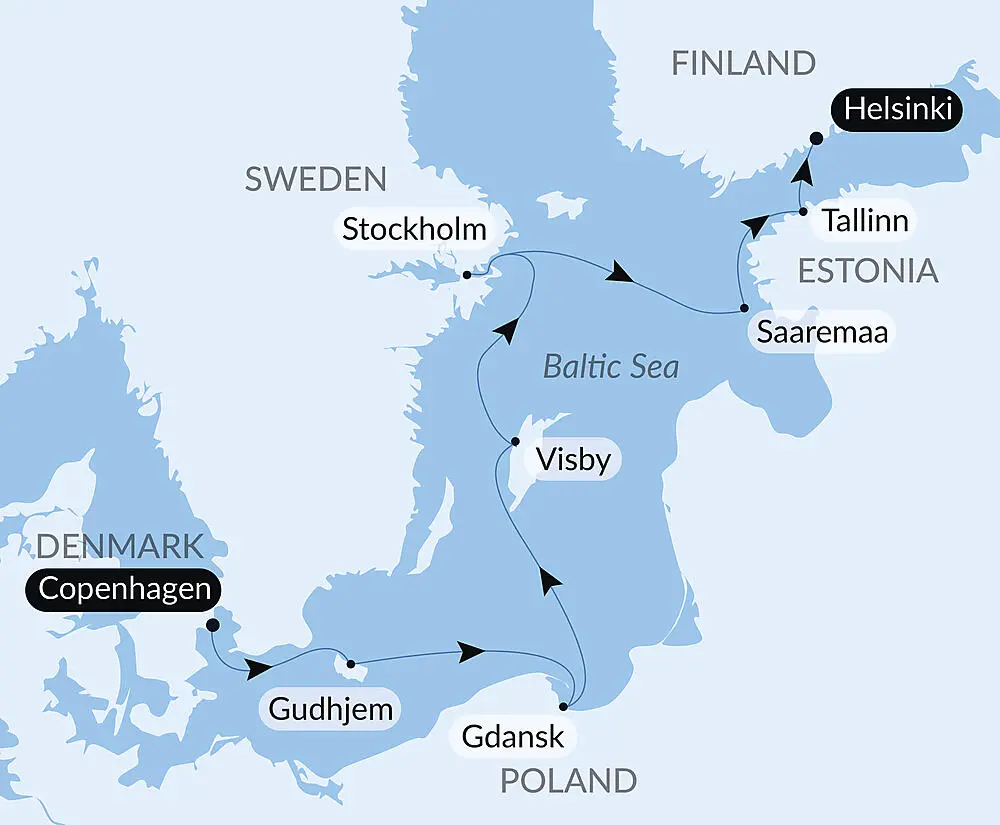 Map of a Baltic Sea cruise route: Copenhagen → Gudhjem → Visby → Stockholm → Tallinn → Helsinki, with Saaremaa detour