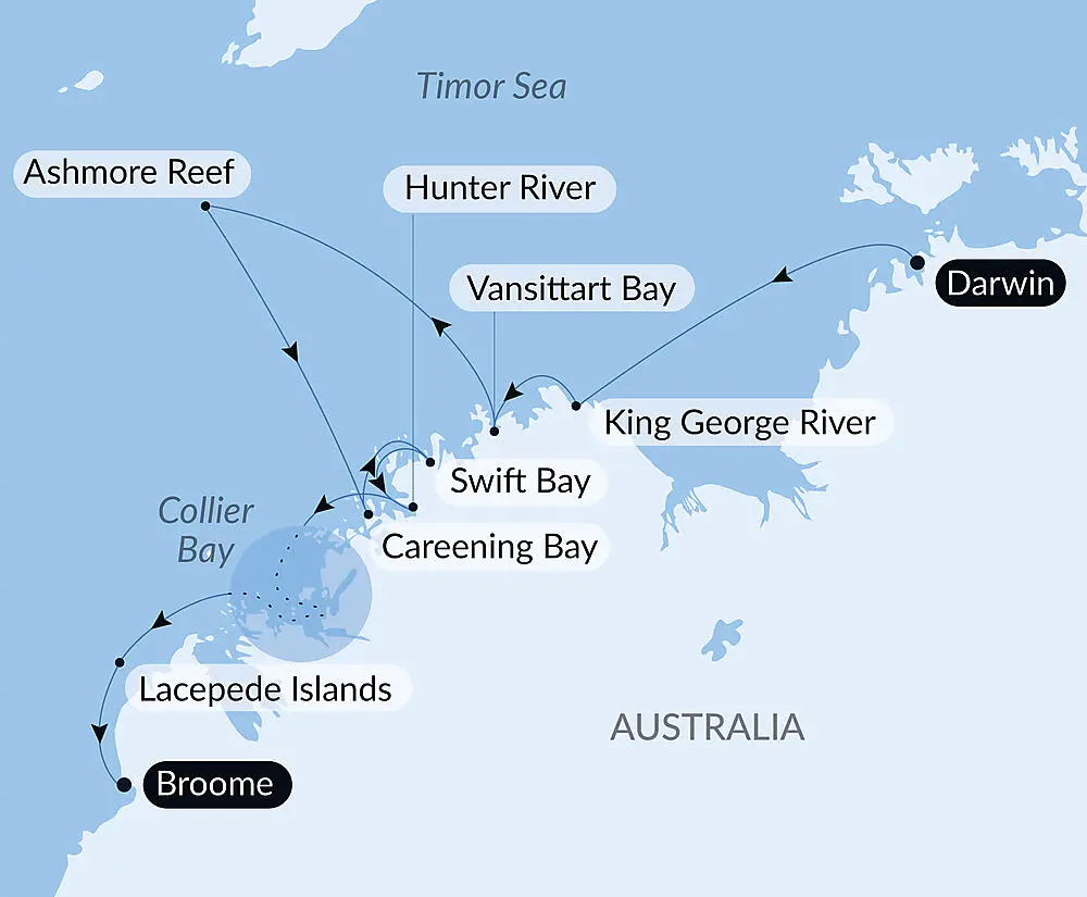 Map showing a voyage along northern Australia: Ashmore Reef, Lacepede Islands, Broome, and branches to Swift Bay, Caringening Bay, Vansittart Bay, King George River, Hunter River, Darwin in Timor Sea.