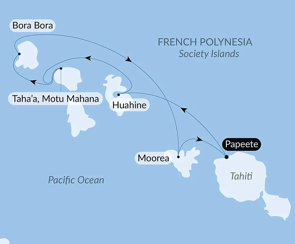 Map of French Polynesia showing flight routes among Bora Bora, Taha'a/Motu Mahana, Huahine, Moorea, and Papeete on Tahiti island, Pacific Ocean backdrop.