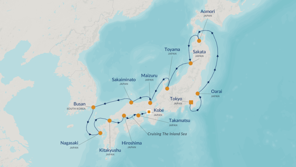Map of a Japan-Korea cruise route with orange port dots and a blue dotted itinerary around Honshu, Shikoku, and Kyushu; stops include Tokyo, Kobe, Nagasaki, Hiroshima, and Busan.
