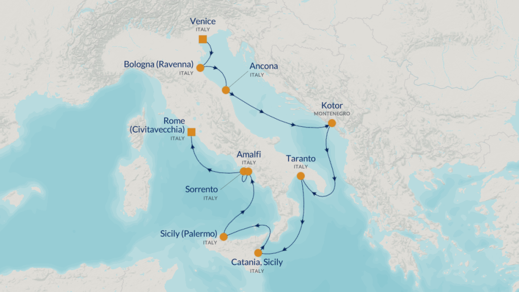 Map of a Mediterranean itinerary linking Venice, Bologna, Ancona, Rome, Amalfi, Sorrento, Sicily, Catania and Taranto with blue arrows.