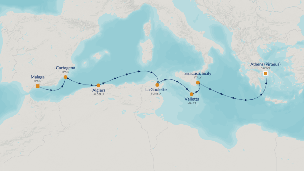 Mediterranean cruise route map from Malaga to Athens with stops in Cartagena, Algiers, La Goulette, Valletta, and Sicily origin.