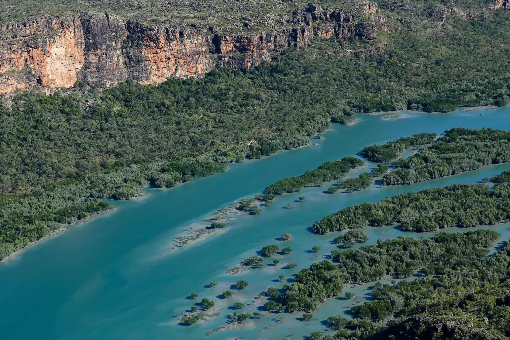 Aerial view of a turquoise river winding through dense mangrove forest with a rocky cliff on the left edge.