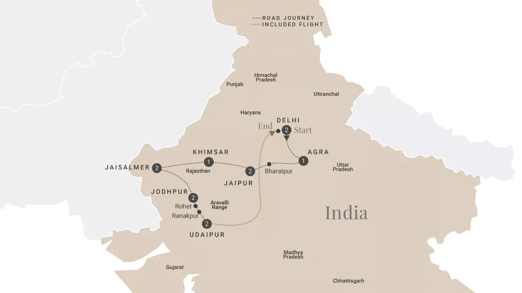 Map of northern India showing a travel route through Rajasthan from Jaisalmer, Jodhpur, Jaipur, Ajmer, to Delhi, with Start and End markers labeled on the map.