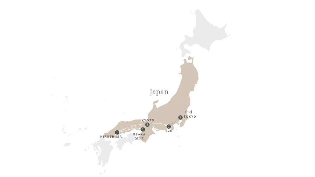Stylized map of Japan highlighting a beige travel route from Osaka to Tokyo with stops at Hiroshima, Kyoto, and Izu, labeled 1–3 and ’Start’/’End’.