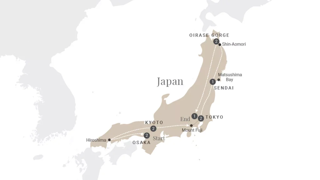 Map of Japan with travel routes connecting Tokyo, Osaka, Kyoto, Sendai, Matsushima Bay, Shin-Aomori and Oirase Gorge.