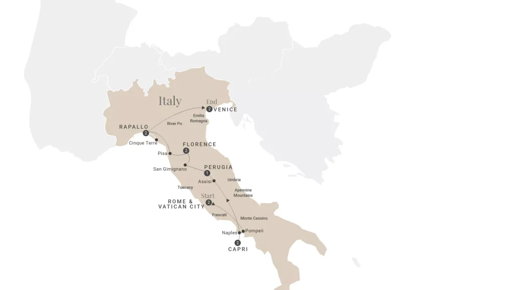 Map of Italy showing a travel itinerary with cities and dotted routes from Rome to Capri, including Florence, Perugia, Assisi, Venice, and Rapallo.