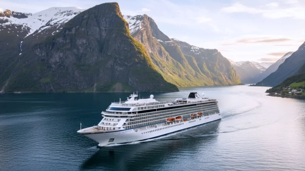 Large white cruise ship sailing through a fjord with towering green mountains and snow-capped peaks in the background.